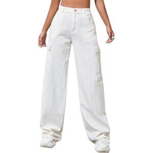 High Waisted Y2K Cargo Jeans - White Wide Leg Loose Fit Pants, Size Small